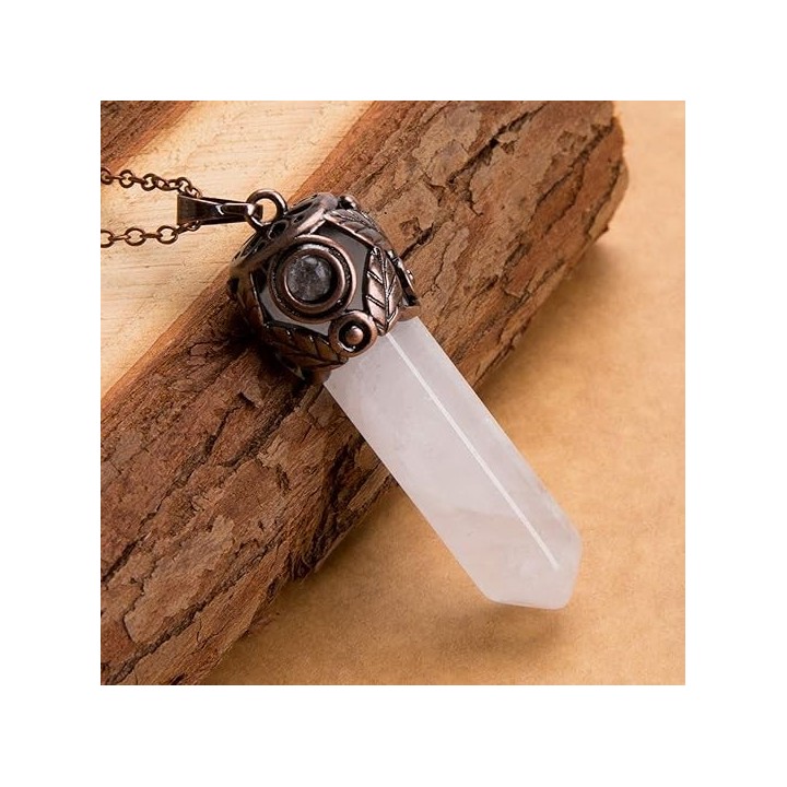 Retro Antique Brass Chakra Necklace Hexagonal Prism Gemstone Quartz Crystal Stone Pendant 4