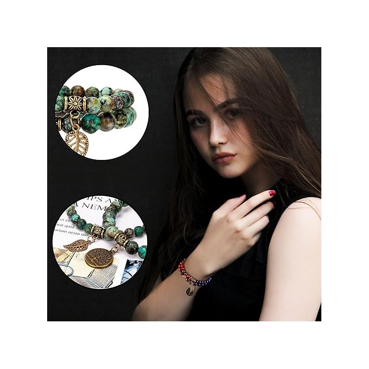 Natural Semi Precious Gemstone beads bracelet for women - Life Tree and Leaf Charm Energy Reiki Crystal Stretch Bracelets 2
