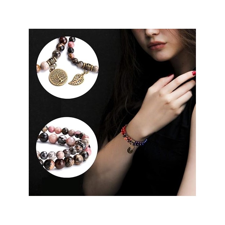 Natural Semi Precious Gemstone beads bracelet for women - Life Tree and Leaf Charm Energy Reiki Crystal Stretch Bracelet 3