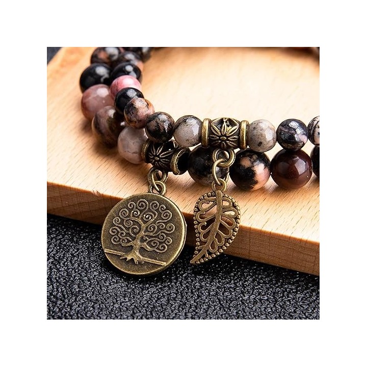 Natural Semi Precious Gemstone beads bracelet for women - Life Tree and Leaf Charm Energy Reiki Crystal Stretch Bracelet 3