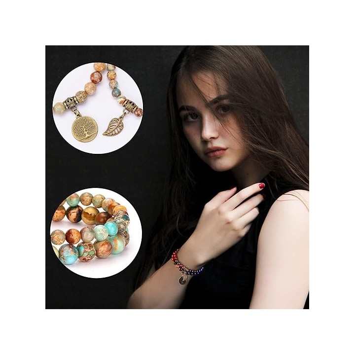 Natural Semi Precious Gemstone beads bracelet for women - Life Tree and Leaf Charm Energy Reiki Crystal Stretch Bracelet 4