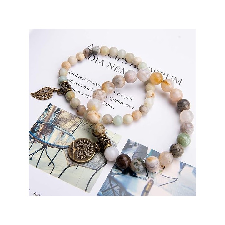 Natural Semi Precious Gemstone beads bracelet for women - Life Tree and Leaf Charm Energy Reiki Crystal Stretch Bracelet 5