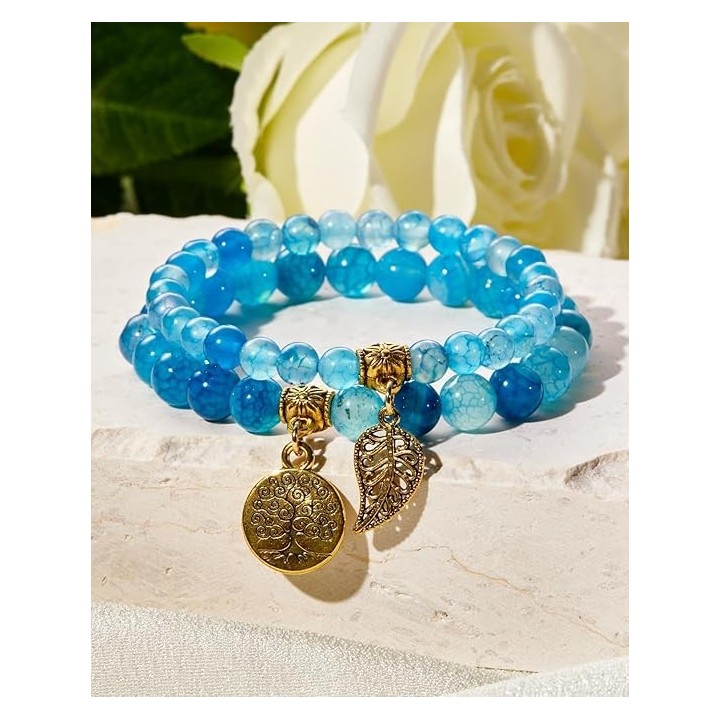 Natural Semi Precious Gemstone beads bracelet for women - Life Tree and Leaf Charm Energy Reiki Crystal Stretch Bracelet 6
