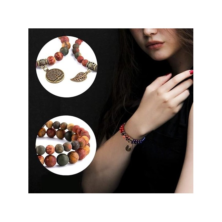 Natural Semi Precious Gemstone beads bracelet for women - Life Tree and Leaf Charm Energy Reiki Crystal Stretch Bracelet 7