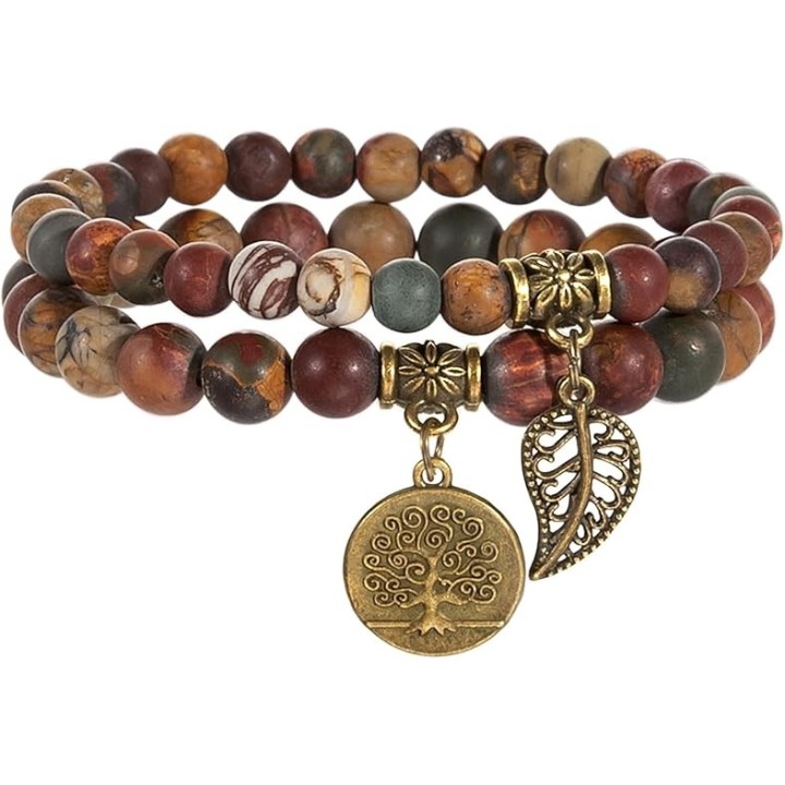 Natural Semi Precious Gemstone beads bracelet for women - Life Tree and Leaf Charm Energy Reiki Crystal Stretch Bracelet 7