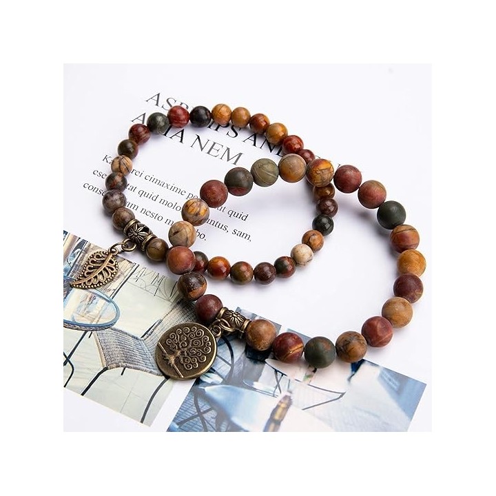 Natural Semi Precious Gemstone beads bracelet for women - Life Tree and Leaf Charm Energy Reiki Crystal Stretch Bracelet 7