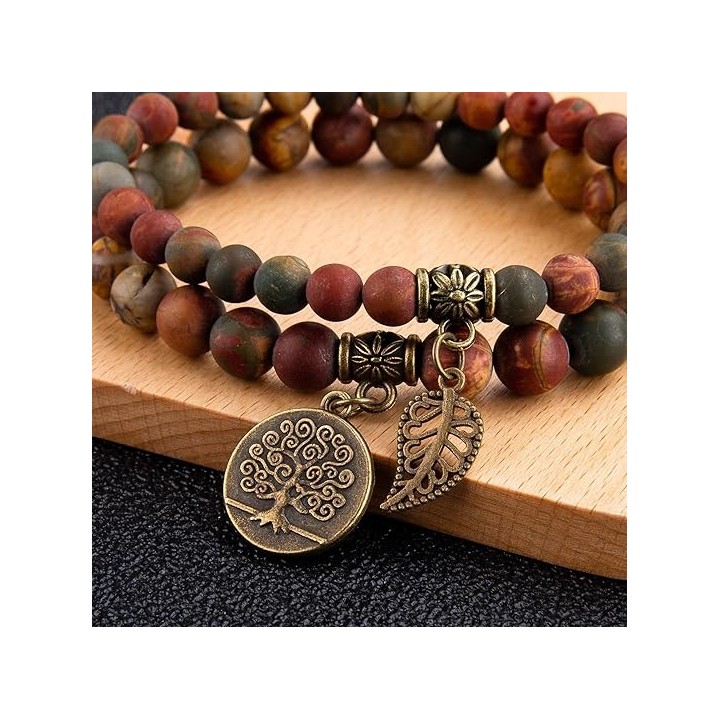 Natural Semi Precious Gemstone beads bracelet for women - Life Tree and Leaf Charm Energy Reiki Crystal Stretch Bracelet 7