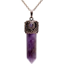 Retro Antique Brass Chakra Necklace Hexagonal Prism Gemstone Quartz Crystal Stone Pendant 1