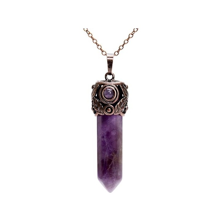 Retro Antique Brass Chakra Necklace Hexagonal Prism Gemstone Quartz Crystal Stone Pendant 1