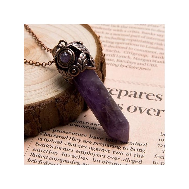 Retro Antique Brass Chakra Necklace Hexagonal Prism Gemstone Quartz Crystal Stone Pendant 1