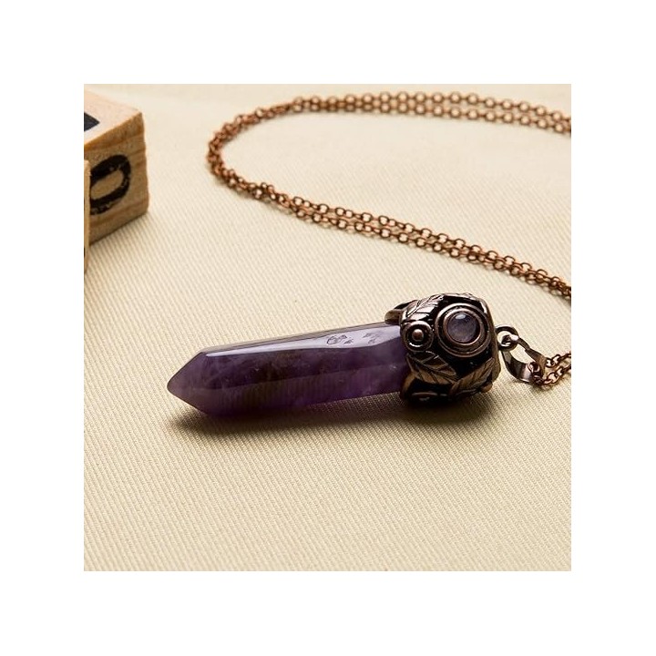 Retro Antique Brass Chakra Necklace Hexagonal Prism Gemstone Quartz Crystal Stone Pendant 1