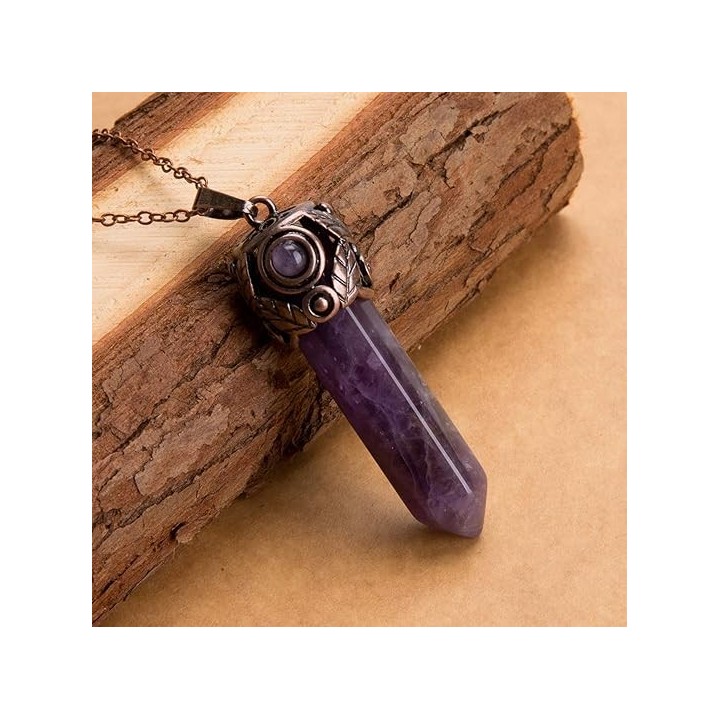 Retro Antique Brass Chakra Necklace Hexagonal Prism Gemstone Quartz Crystal Stone Pendant 1