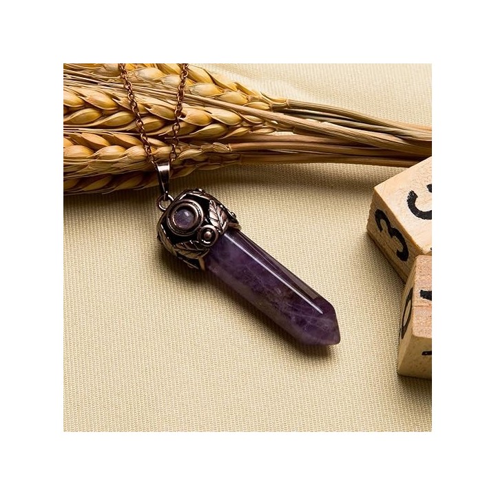 Retro Antique Brass Chakra Necklace Hexagonal Prism Gemstone Quartz Crystal Stone Pendant 1